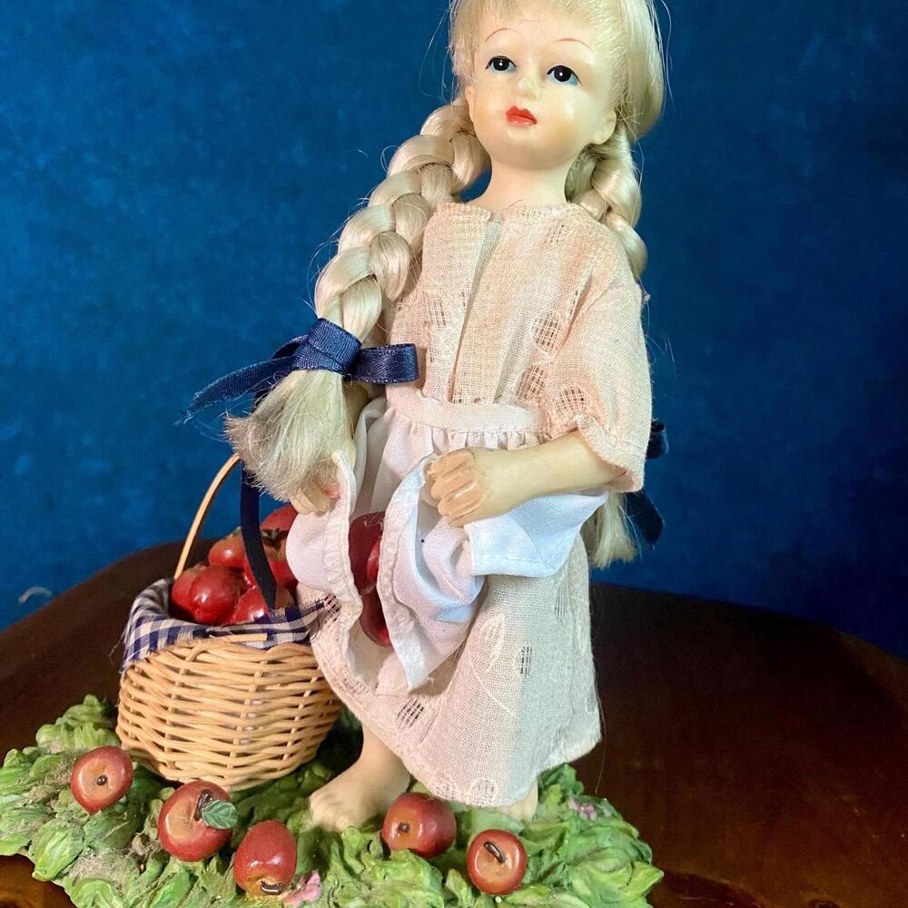 Vintage Doll Girl with Basket of Apples Resin Figurine Country Farmhouse